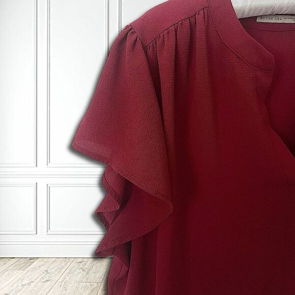 Active USA Cranberry Red V Neck Flutter Sleeve Top Sz 1X - Picture 2 of 8